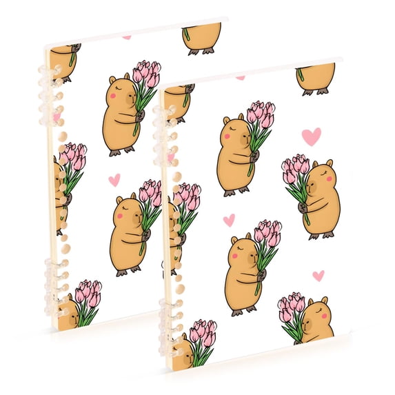 Haosy Capybara Tulip Love Heart Notebooks 2 Pcs 1-subject Journal 60 Sheets A5 College Ruled Paper Detachable Ring 8.3"x5.7"