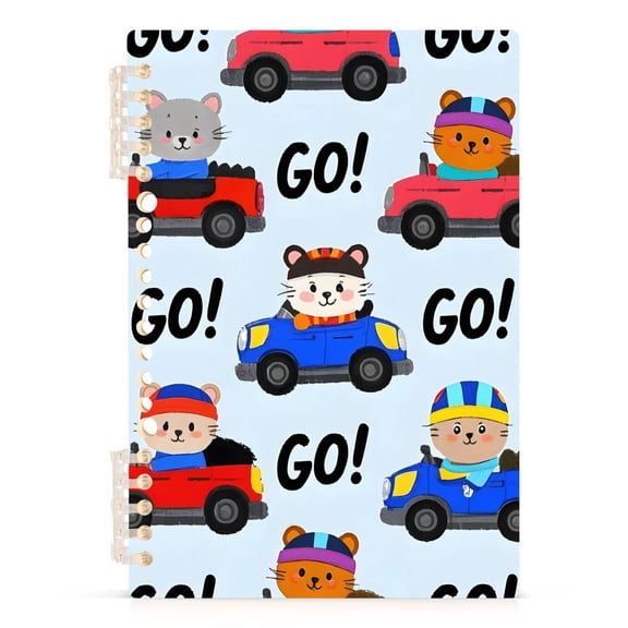 Haosy Cartoon Cat Drive Car Notebooks 1-subject Journal 60 Sheets A5 College Ruled Paper Detachable Ring 8.3"x5.7"