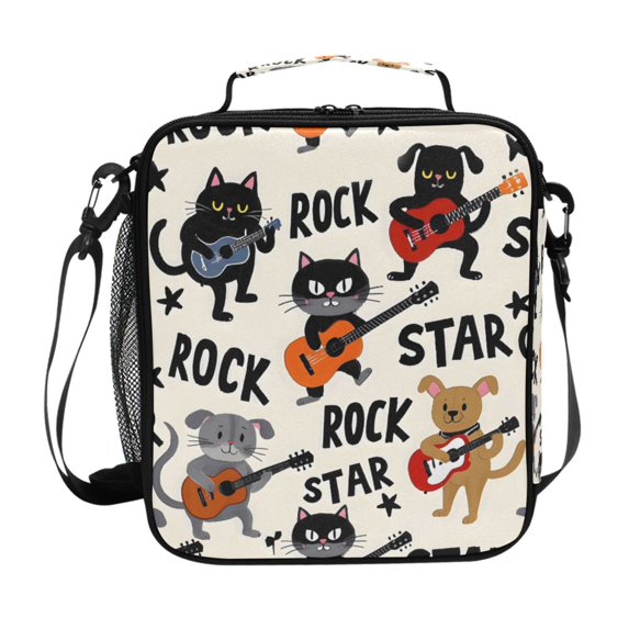 Haosy Cat Play Rock Guitar Reusable Lunch Box Men/Women Insulated Lunch Bag for School Picnic Travel