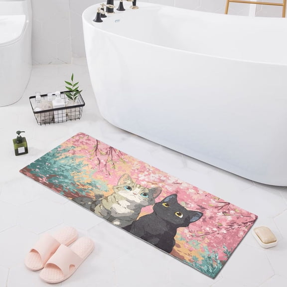 Haosy Cats Pink Cherry Blossoms Bathroom Rugs Non Slip Absorbent Soft Plush Quick Dry Bath Mat, 39"x20"