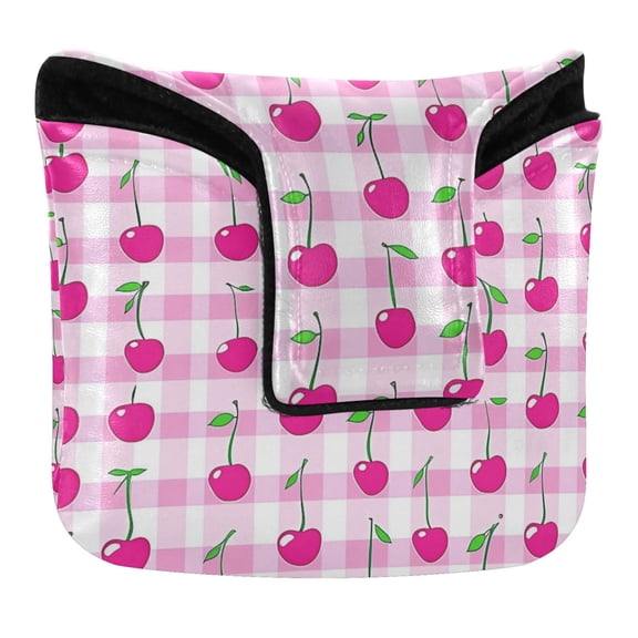 Haosy Cherry on Gingham Golf Mallet Putter Cover Strong Magnetic Leather Golf Club Headcover Closure