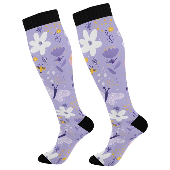 Haosy Compression Socks for Men Women Knee High Running Socks for Nurse Hiking Recovery Travel Athletic 2 Pairs Abstract Flowers and Butterflies