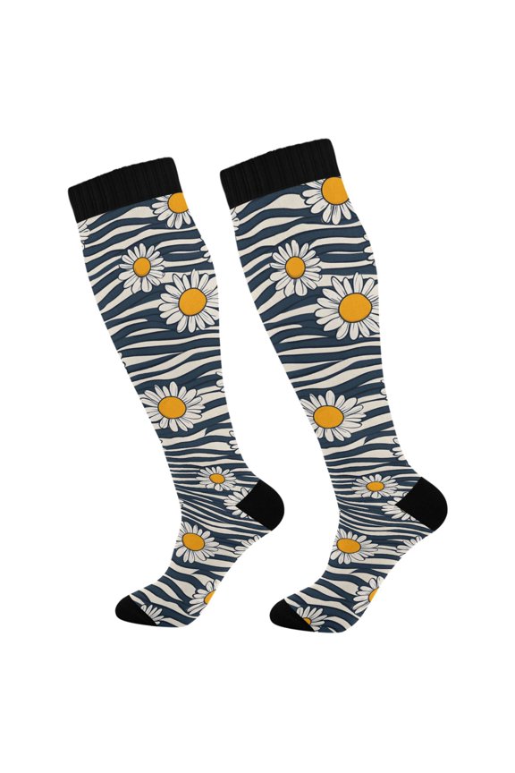 Compression Socks for Men Women Knee High Running Socks for Nurse Hiking Recovery Travel Athletic 2 Pairs Black and White Striped Daisy