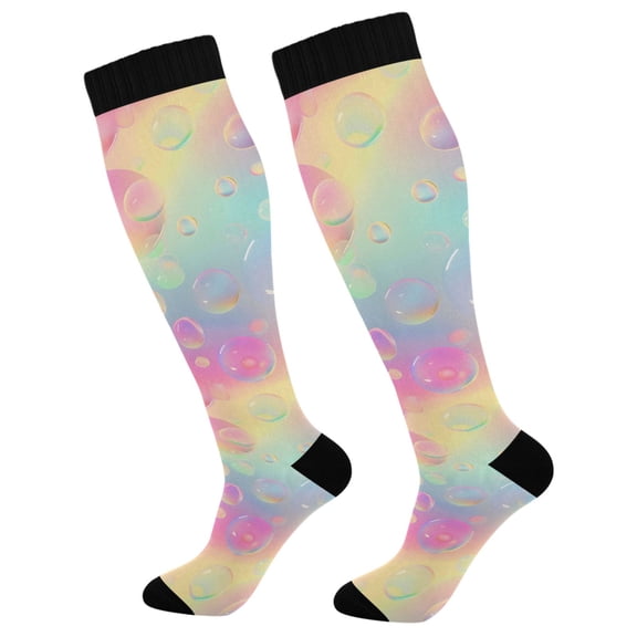 Haosy Compression Socks for Men Women Knee High Running Socks for Nurse Hiking Recovery Travel Athletic 2 Pairs Colorful Bubbles