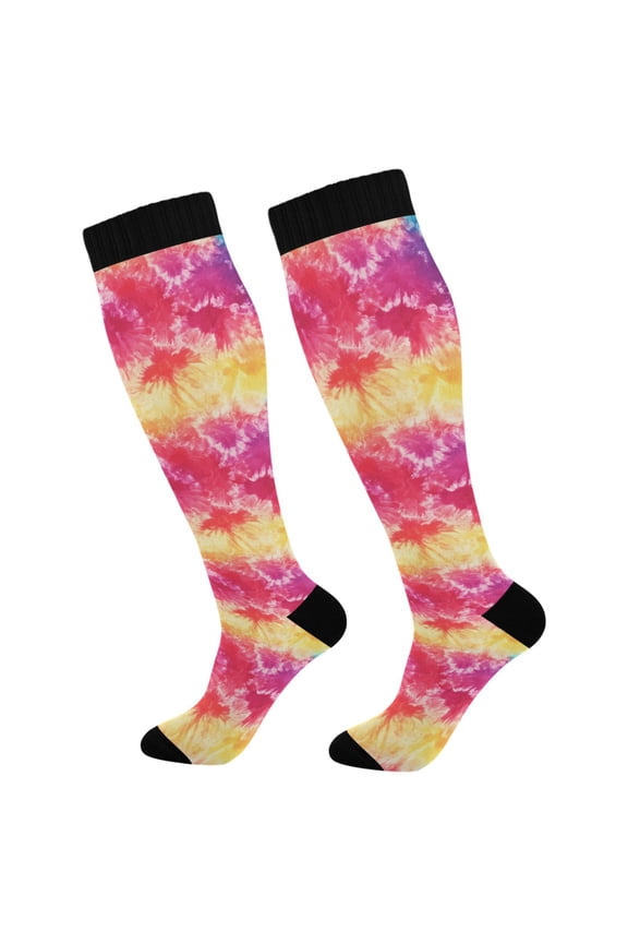 Compression Socks for Men Women Knee High Running Socks for Nurse Hiking Recovery Travel Athletic 2 Pairs Colorful Tie Dye