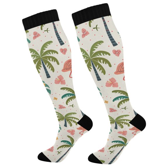 Haosy Compression Socks for Men Women Knee High Running Socks for Nurse Hiking Recovery Travel Athletic 2 Pairs Cute Flamingo Palm Tree Flower