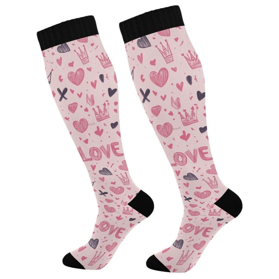 Haosy Compression Socks for Men Women Knee High Running Socks for Nurse Hiking Recovery Travel Athletic 2 Pairs Hand-drawn Crowns and Love Hearts