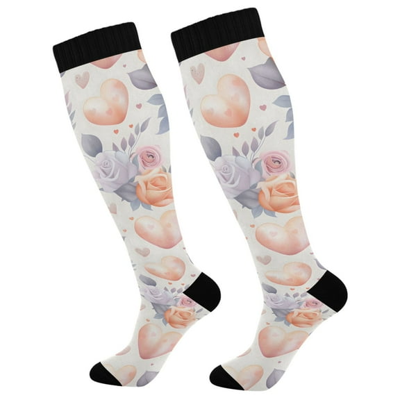 Haosy Compression Socks for Men Women Knee High Running Socks for Nurse Hiking Recovery Travel Athletic 2 Pairs Hearts and Roses
