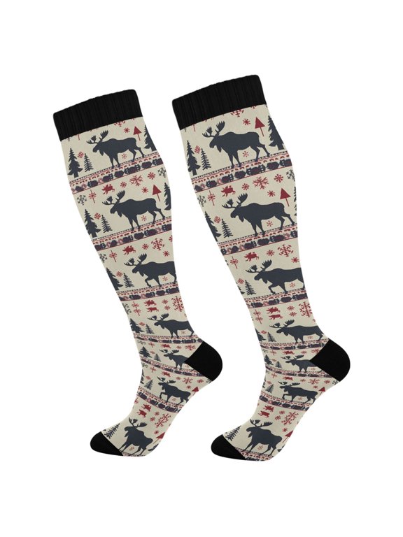 Compression Socks for Men Women Knee High Running Socks for Nurse Hiking Recovery Travel Athletic 2 Pairs Moose Tree Silhouette