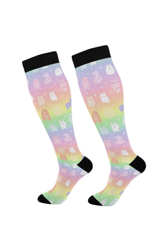 Compression Socks for Men Women Knee High Running Socks for Nurse Hiking Recovery Travel Athletic 2 Pairs Rabbits Cats Tigers Dogs