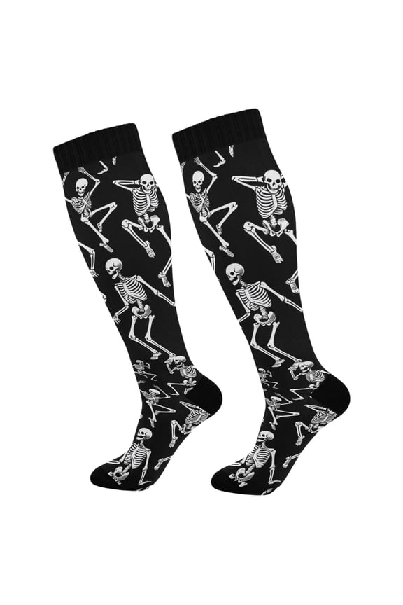 Compression Socks for Men Women Knee High Running Socks for Nurse Hiking Recovery Travel Athletic 2 Pairs Skeletons Dancing