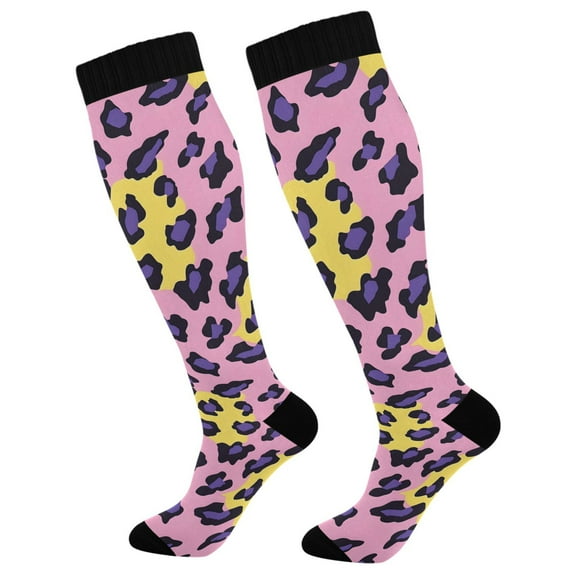 Haosy Compression Socks for Men Women Knee High Running Socks for Nurse Hiking Recovery Travel Athletic 2 Pairs Yellow Purple Leopard