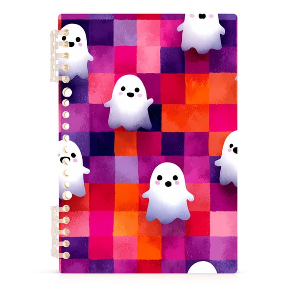 Haosy Cute Ghost on Checkered Notebooks 1-subject Journal 60 Sheets A5 College Ruled Paper Detachable Ring 8.3"x5.7"