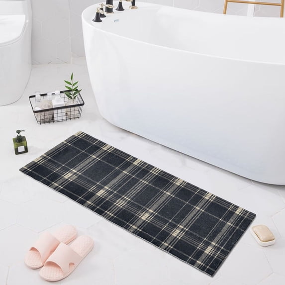 Haosy Dark Navy Blue Plaid Bathroom Rugs Non Slip Absorbent Soft Plush Quick Dry Bath Mat, 39"x20"