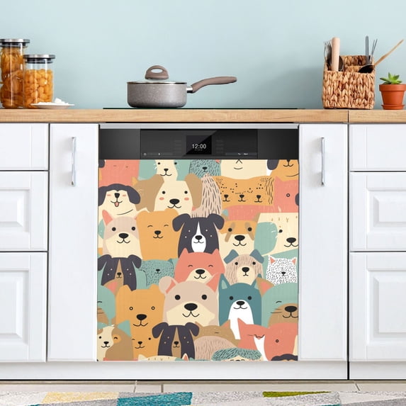 Haosy Dishwasher Magnet Cover Magnetic Fridge Door Cover Home Kitchen Decor Colorful Cute Dogs Face 23"x 26"
