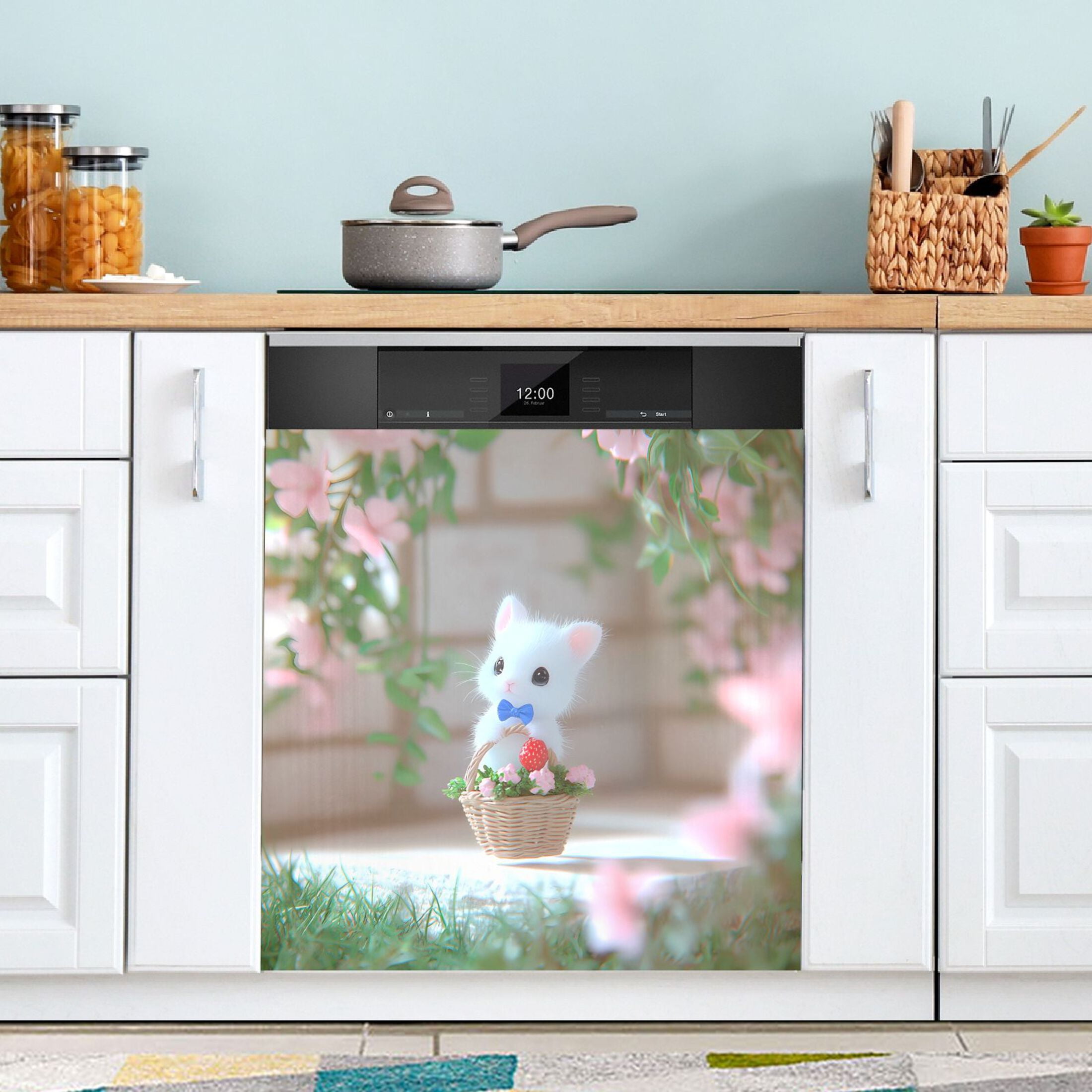 Haosy Dishwasher Magnet Cover Magnetic Fridge Door Cover Home Kitchen Decor Cute Kitten in Flower Basket 23"x 26"