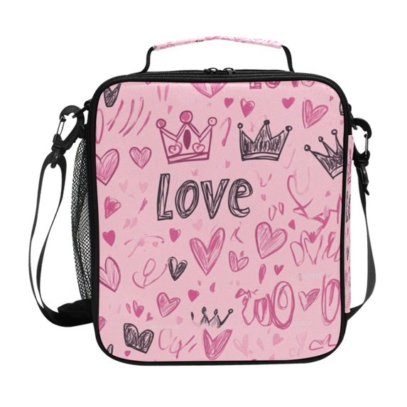 Haosy Doodle Love Hearts Crowns Reusable Lunch Box Men/Women Insulated Lunch Bag for School Picnic Travel