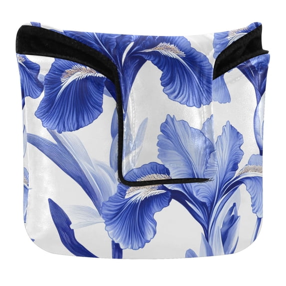 Haosy Elegant Blue Iris Flowers Golf Mallet Putter Cover Strong Magnetic Leather Golf Club Headcover Closure