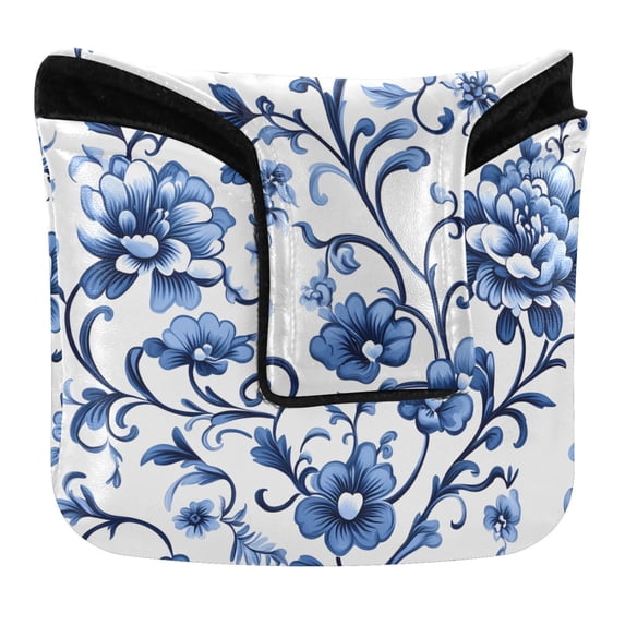 Haosy Floral with Blue Flowers Golf Mallet Putter Cover Strong Magnetic Leather Golf Club Headcover Closure