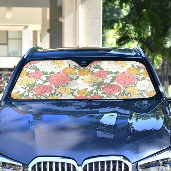 Haosy Foldable Car Windshield Sun Shade Front Window Visor Blocks UV Rays Keeps Interior Cool 53x23.5 Pastel Pink Yellow Cream Peonie