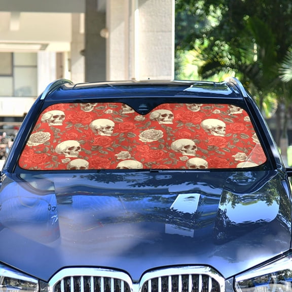Haosy Foldable Car Windshield Sun Shade Front Window Visor Blocks UV Rays Keeps Interior Cool 53x23.5 Skull and Rose