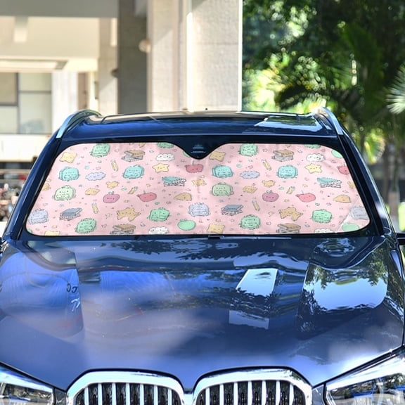 Haosy Foldable Car Windshield Sun Shade Front Window Visor Blocks UV Rays Keeps Interior Cool 57x31.5 Cute Backpack Pencil Star Apple