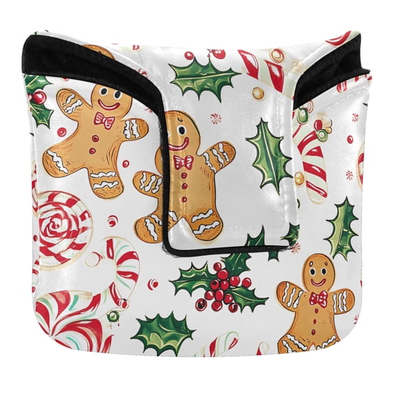 Haosy Gingerbread Men Holly Leaves Golf Mallet Putter Cover Strong Magnetic Leather Golf Club Headcover Closure