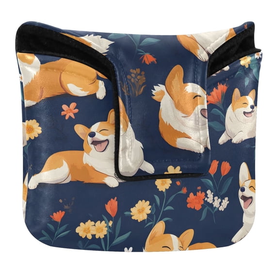 Haosy Happy Corgis and Flower Golf Mallet Putter Cover Strong Magnetic Leather Golf Club Headcover Closure
