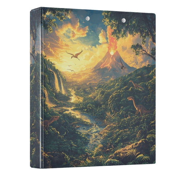 Haosy Hardcover 3 Ring Binder 1.5 Inch Ring Decorative Binder Organizer for Home School Office, Prehistoric Jungle Dinosaurs Volcano