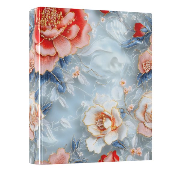 Haosy Hardcover 3 Ring Binder 1.5 Inch Ring Decorative Binder Organizer for Home School Office, Red White Flower Embroidery