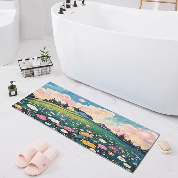 Haosy Hillside with Wildflowers and Houses Bathroom Rugs Non Slip Absorbent Soft Plush Quick Dry Bath Mat, 39"x20"