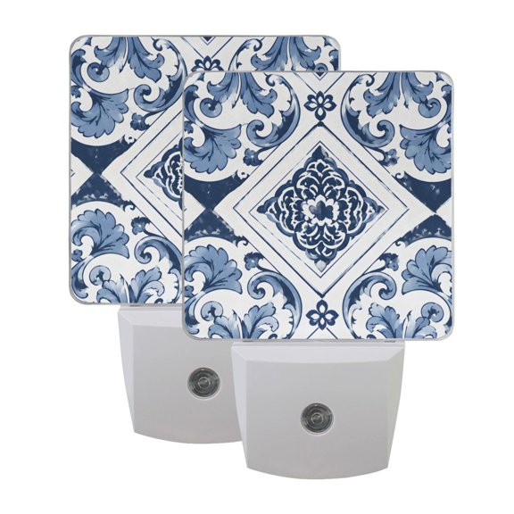Haosy LED Plug in Night Light with Dusk to Dawn Sensors for Home Kids Room Bedroom, 2 Pack, Azulejo Scroll Tile