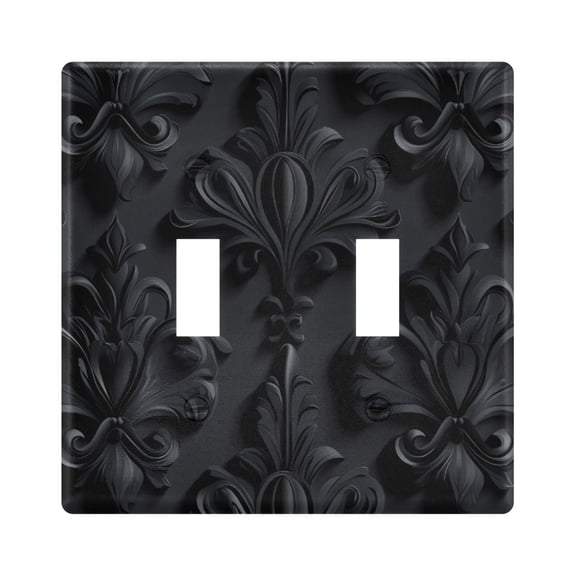 Haosy Light Switch Cover Plate 2 Gang Electrical Outlet Covers 3d Dark Black Damask Decorate Wall Plate 4.56”x4.48”