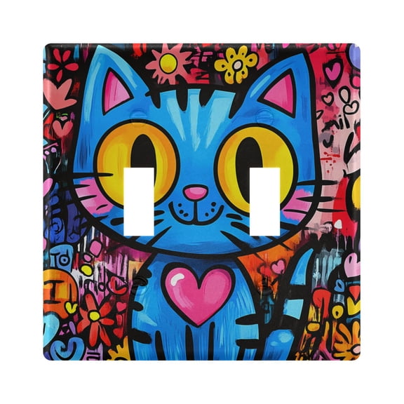Haosy Light Switch Cover Plate 2 Gang Electrical Outlet Covers Cartoon Graffiti Cat Decorate Wall Plate 4.56”x4.48”