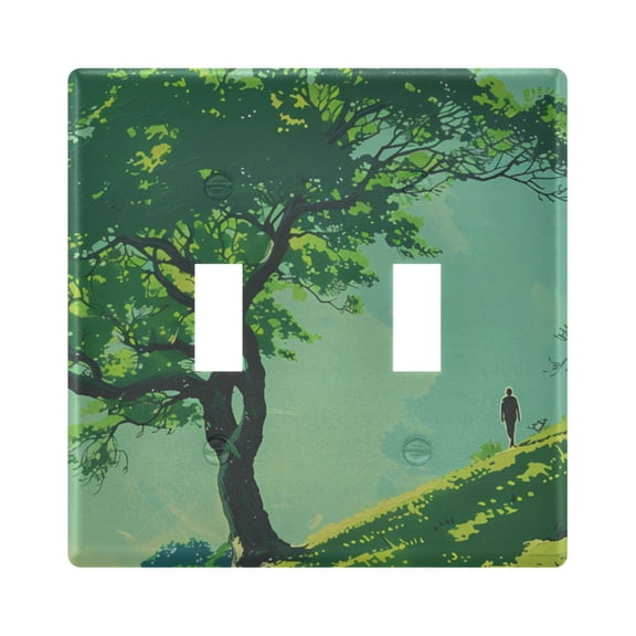 Haosy Light Switch Cover Plate 2 Gang Electrical Outlet Covers Oak Tree and Person Walk Decorate Wall Plate 4.56”x4.48”