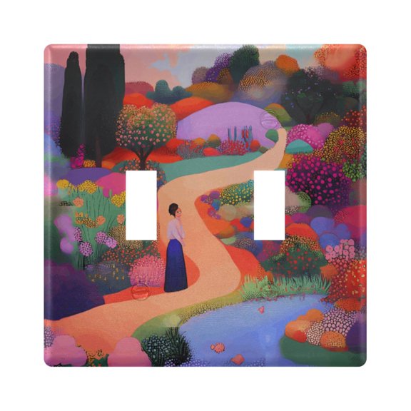 Haosy Light Switch Cover Plate 2 Gang Electrical Outlet Covers Woman Walking in Garden Decorate Wall Plate 4.56”x4.48”