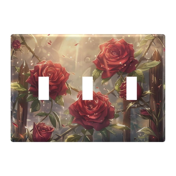 Haosy Light Switch Cover Plate 3 Gang Electrical Outlet Covers Red Rose Railing Decorate Wall Plate 4.56”x4.48”