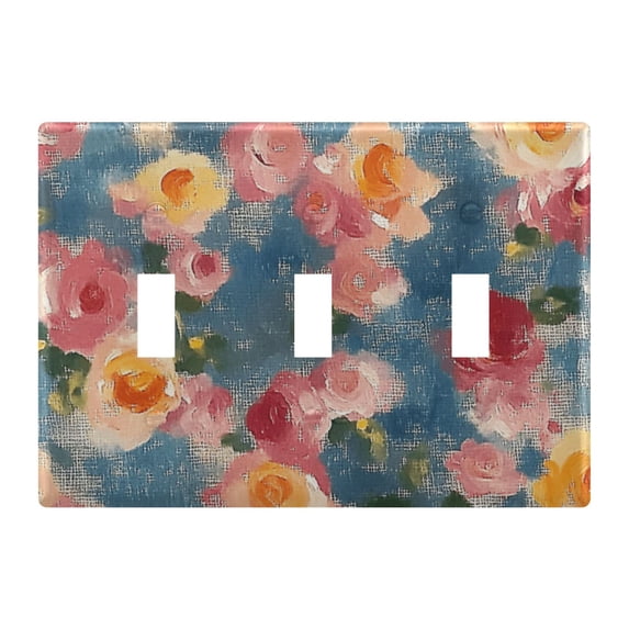 Haosy Light Switch Cover Plate 3 Gang Electrical Outlet Covers Vintage Oil Painted Rose Decorate Wall Plate 4.56”x4.48”