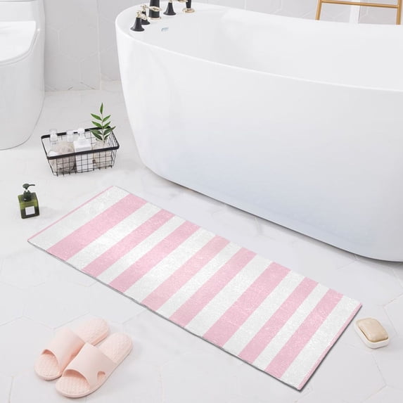 Haosy Pale Pink and White Striped Bathroom Rugs Non Slip Absorbent Soft Plush Quick Dry Bath Mat, 39"x20"