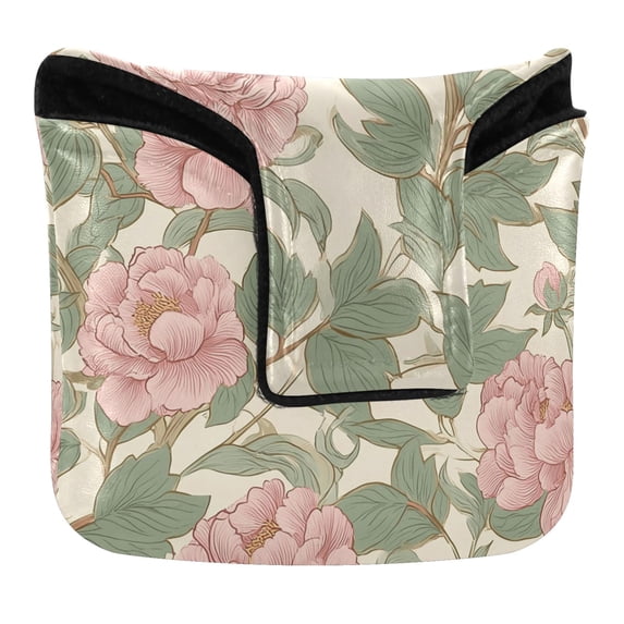 Haosy Pink Peony Flowers Green Leaves Golf Mallet Putter Cover Strong Magnetic Leather Golf Club Headcover Closure