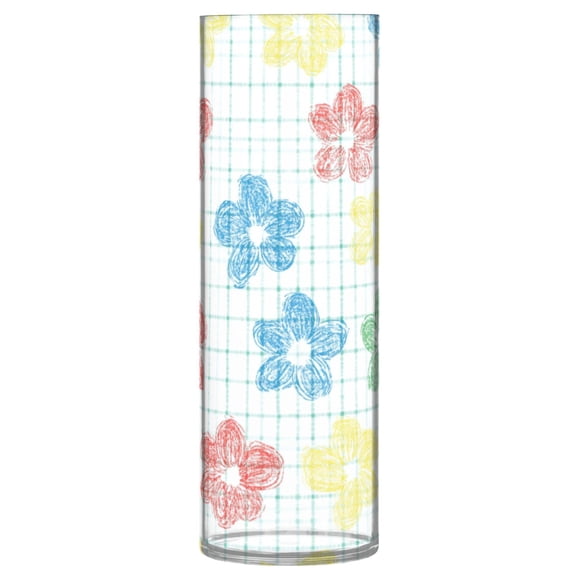 Haosy Plastic Flower Vase 11.8 inch Tall Clear Cylindrical Vases for Centerpieces Home Wedding Decor Checkered Stripes with Hand Drawn Flower