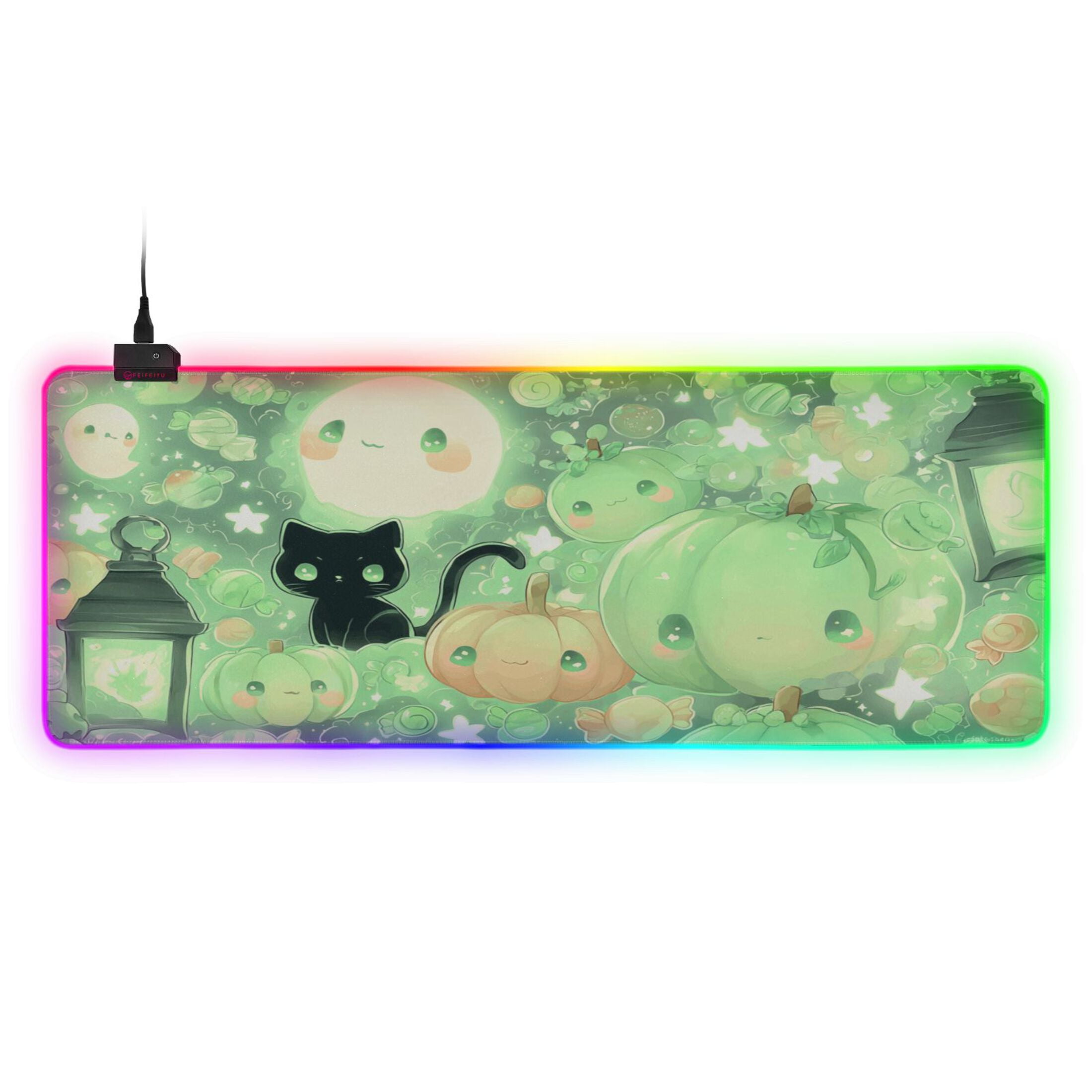 Haosy RGB Led Gaming Mouse Pad Non-Slip Large Keyboard Desk Mat 13 Light Modes 31.5x11.8 inch Adorable Green Pumpkin Cat