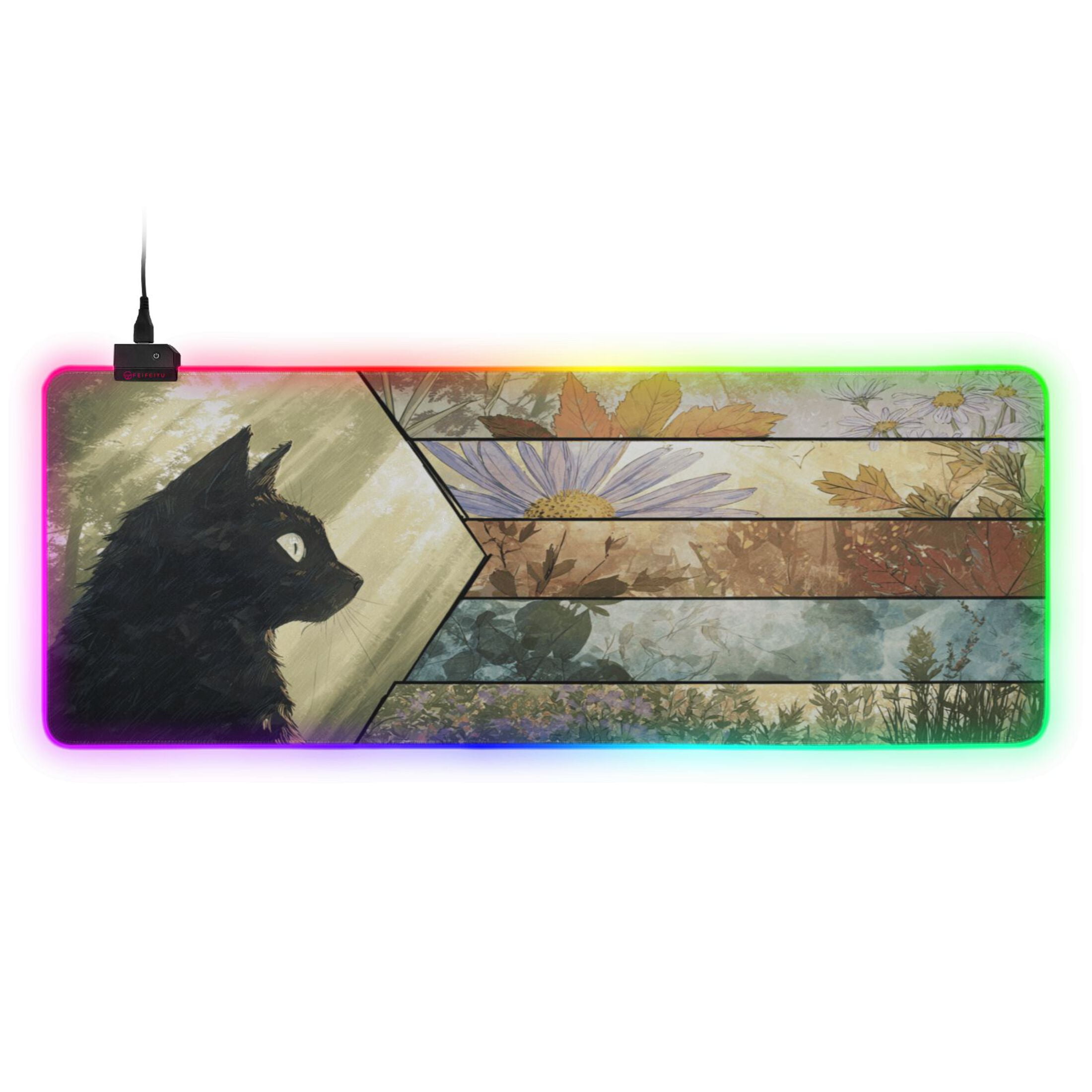 Haosy RGB Led Gaming Mouse Pad Non-Slip Large Keyboard Desk Mat 13 Light Modes 31.5x11.8 inch Black Cat with All Seasons