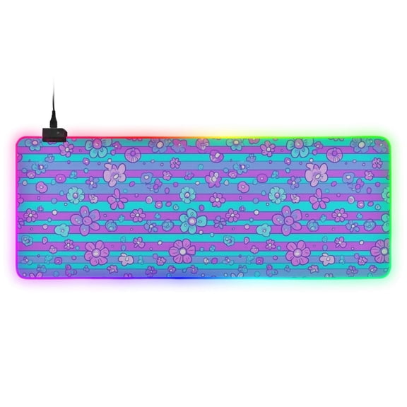Haosy RGB Led Gaming Mouse Pad Non-Slip Large Keyboard Desk Mat 13 Light Modes 31.5x11.8 inch Blue Pink Stripes with Flowers