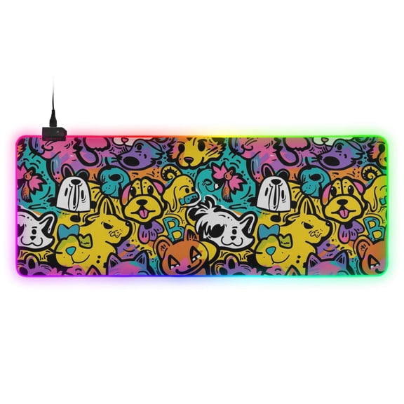 Haosy RGB Led Gaming Mouse Pad Non-Slip Large Keyboard Desk Mat 13 Light Modes 31.5x11.8 inch Cat and Dog Graffiti