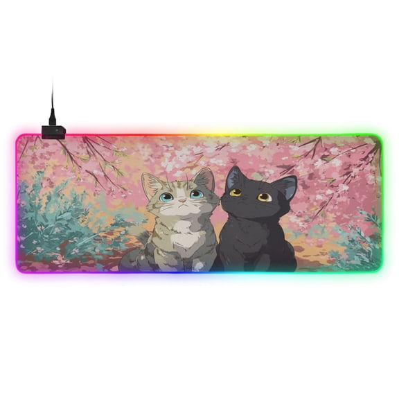 Haosy RGB Led Gaming Mouse Pad Non-Slip Large Keyboard Desk Mat 13 Light Modes 31.5x11.8 inch Cats Pink Cherry Blossoms