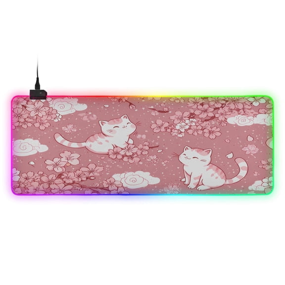 Haosy RGB Led Gaming Mouse Pad Non-Slip Large Keyboard Desk Mat 13 Light Modes 31.5x11.8 inch Cherry Blossoms and Cute Cats