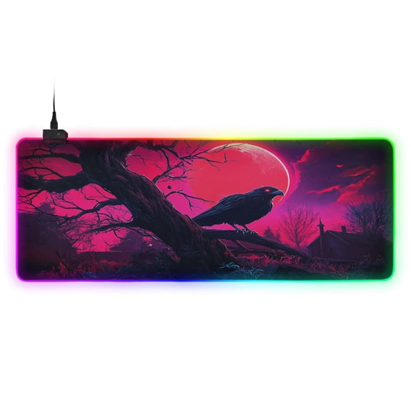 Haosy RGB Led Gaming Mouse Pad Non-Slip Large Keyboard Desk Mat 13 Light Modes 31.5x11.8 inch Crow and Red Moon