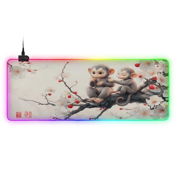 Haosy RGB Led Gaming Mouse Pad Non-Slip Large Keyboard Desk Mat 13 Light Modes 31.5x11.8 inch Cute Monkeys on Flower Branch