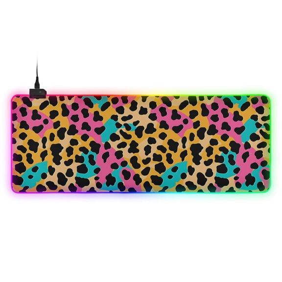 Haosy RGB Led Gaming Mouse Pad Non-Slip Large Keyboard Desk Mat 13 Light Modes 31.5x11.8 inch Soft Color Leopard Print